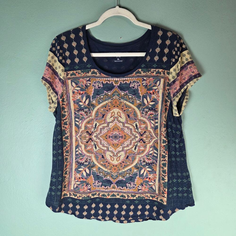 Lucky Brand Womens XL Navy Blue Medallion Print Boho Short Sleeve Top Festival